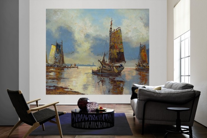 Die Fototapete Kunst, Ölgemälde Schiffe im Meer als große Bildtapete im Wohnzimmer. Als Bildtapete ist die Fototapete Kunst, Ölgemälde Schiffe im Meer ein besonderes Highlight auf Vliestapete.