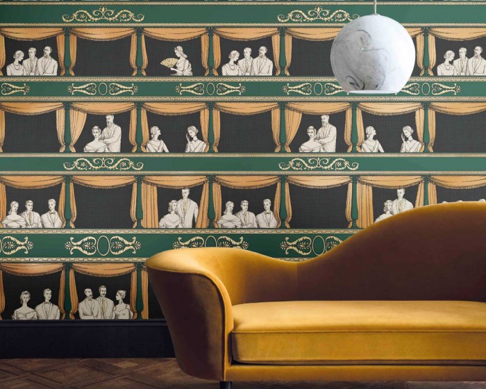 Die Fornasetti Tapete 114/4009 Teatro auf einer Wand tapeziert