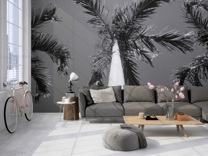 Die Fototapete Palmen, schwarz-weiß auf einer großen Wand im Loft tapeziert. Die Fototapete Palmen, schwarz-weiß wird individuell auf Deine Wand angepasst.