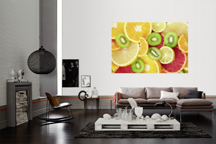Die Fototapete Frucht Mix, Zitrusfrüchte als Wandbild im Wohnzimmer. Die Vlies-Fototapete Frucht Mix, Zitrusfrüchte verschönert als Wandbild Deine Wand.