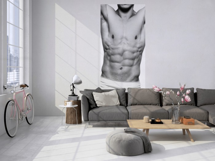 Das 3D Fotopanel Nackter Männerkörper tapeziert in einem Loft. Bestelle die Bildtapete für Deine Wand online.