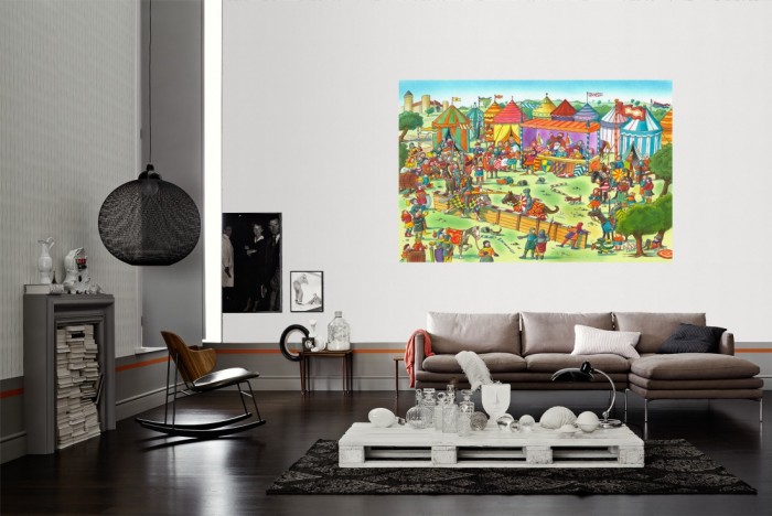 Die Fototapete Ritterfest, Wimmelbild für Kinder als Wandbild im Wohnzimmer. Die Vlies-Fototapete Ritterfest, Wimmelbild für Kinder verschönert als Wandbild Deine Wand.