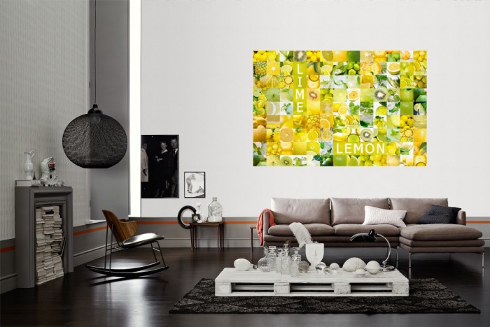 Die Design-Fototapete Zitrone und Früchte, Artwork als Wandbild im Wohnzimmer. Die Vlies-Design-Fototapete Zitrone und Früchte, Artwork verschönert als Wandbild Deine Wand.