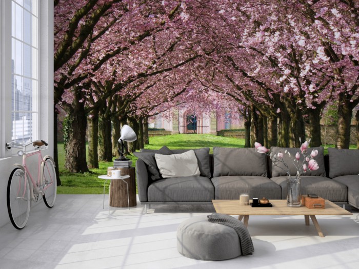 Die Fototapete Kischblüten Baum-Allee auf einer großen Wand im Loft tapeziert. Die Fototapete Kischblüten Baum-Allee wird individuell auf Deine Wand angepasst.