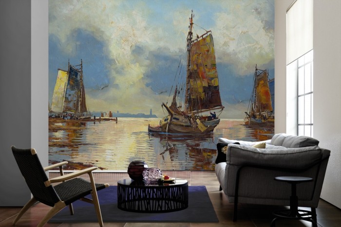 Im Wohnzimmer die Fototapete Kunst, Ölgemälde Schiffe im Meer auf einer großen Wand tapeziert. Die Fototapete Kunst, Ölgemälde Schiffe im Meer ist als Vlies-Fototapete im Wohnzimmer leicht zu tapezieren.
