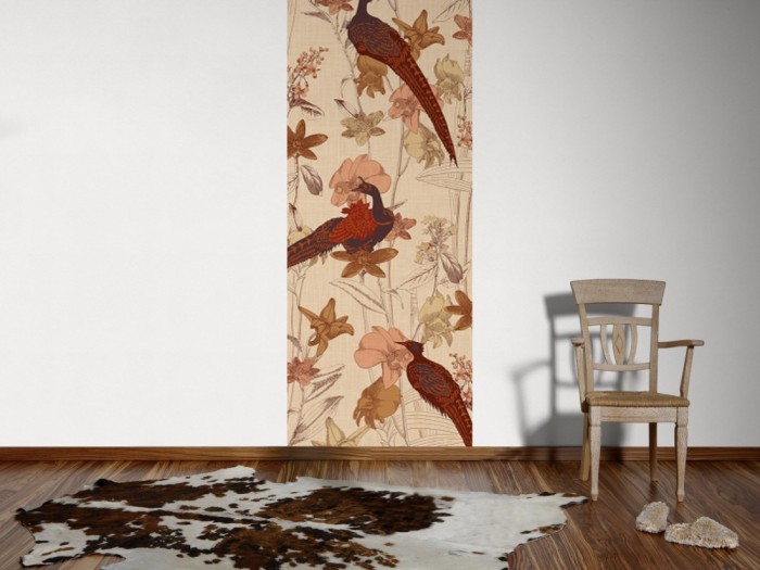 Ein Foto von dem Design-Fotopanel Fasane auf Blüten, Vintage tapeziert an der Wand. Bestelle Deine Bildtapete online.
