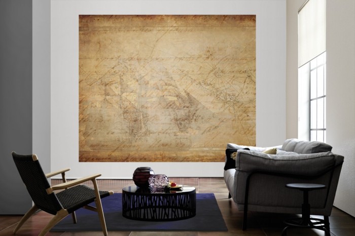 Die Design-Fototapete Alte Karte der Schifffahrt als große Bildtapete im Wohnzimmer. Als Bildtapete ist die Design-Fototapete Alte Karte der Schifffahrt ein besonderes Highlight auf Vliestapete.