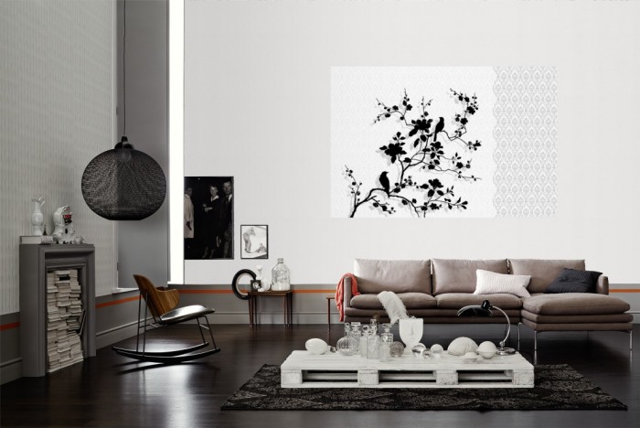 Die Design-Fototapete Vögel in Schwarz, Artwork als Wandbild im Wohnzimmer. Die Vlies-Design-Fototapete Vögel in Schwarz, Artwork verschönert als Wandbild Deine Wand.