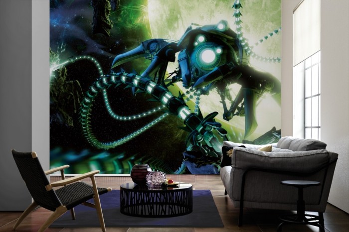 Im Wohnzimmer die Fototapete Roboter im Weltraum, Science Fiction auf einer großen Wand tapeziert. Die Fototapete Roboter im Weltraum, Science Fiction ist als Vlies-Fototapete im Wohnzimmer leicht zu tapezieren.