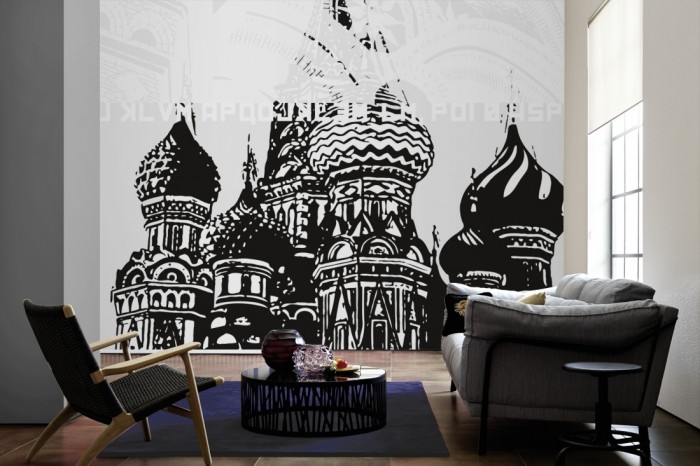 Im Wohnzimmer die Design-Fototapete Moskau Russland, Artwork auf einer großen Wand tapeziert. Die Design-Fototapete Moskau Russland, Artwork ist als Vlies-Fototapete im Wohnzimmer leicht zu tapezieren.