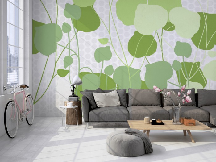 Die Design-Fototapete Blätter Ranken, Artwork auf einer großen Wand im Loft tapeziert. Die Design-Fototapete Blätter Ranken, Artwork wird individuell auf Deine Wand angepasst.