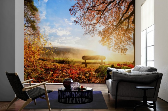 Im Wohnzimmer die Fototapete Wald am Herbstmorgen auf einer großen Wand tapeziert. Die Fototapete Wald am Herbstmorgen ist als Vlies-Fototapete im Wohnzimmer leicht zu tapezieren.