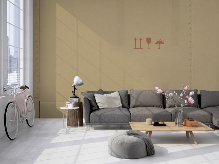 Die Fototapete Karton, Wand aus Pappe auf einer großen Wand im Loft tapeziert. Die Fototapete Karton, Wand aus Pappe wird individuell auf Deine Wand angepasst.
