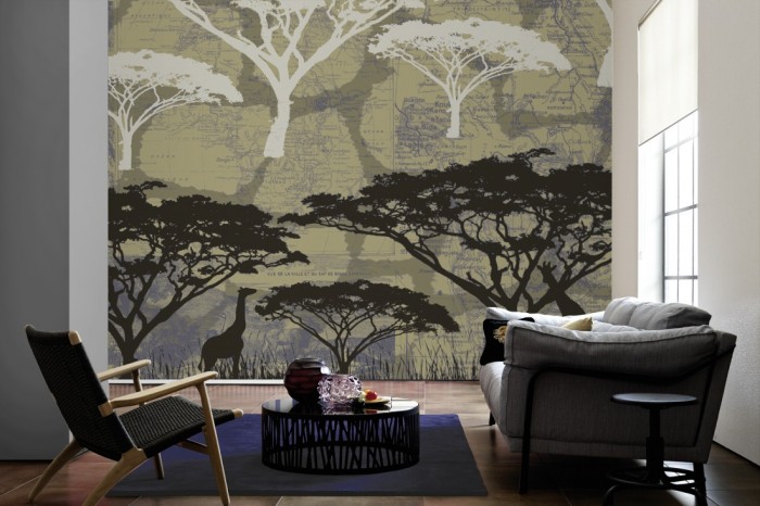Im Wohnzimmer die Designer-Fototapete Afrikas Savanne, Artwork by Mylumi auf einer großen Wand tapeziert. Die Designer-Fototapete Afrikas Savanne, Artwork by Mylumi ist als Vlies-Fototapete im Wohnzimmer leicht zu tapezieren.