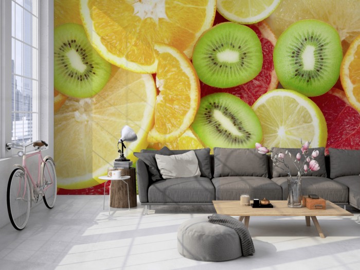 Die Fototapete Frucht Mix, Zitrusfrüchte auf einer großen Wand im Loft tapeziert. Die Fototapete Frucht Mix, Zitrusfrüchte wird individuell auf Deine Wand angepasst.