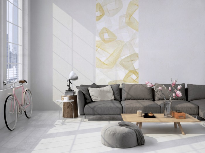 Das 3D-Design-Fotopanel Plasische Formen Gold, Artwork tapeziert in einem Loft. Bestelle die Bildtapete für Deine Wand online.