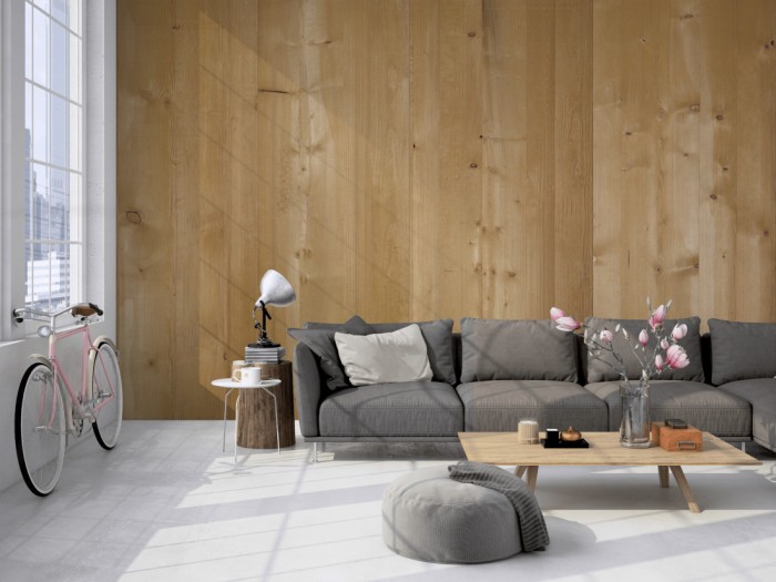 Die Fototapete Holz Wand, rohe Eiche auf einer großen Wand im Loft tapeziert. Die Fototapete Holz Wand, rohe Eiche wird individuell auf Deine Wand angepasst.