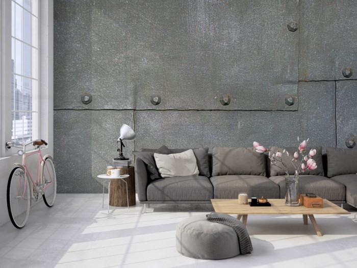 Die Fototapete Metall Wand, Metall mit Nieten auf einer großen Wand im Loft tapeziert. Die Fototapete Metall Wand, Metall mit Nieten wird individuell auf Deine Wand angepasst.