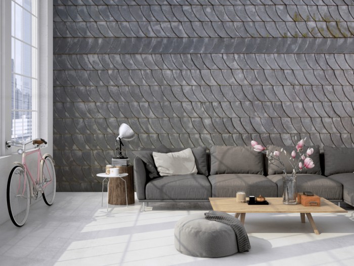 Die Fototapete Schiefer Wand, Fassade auf einer großen Wand im Loft tapeziert. Die Fototapete Schiefer Wand, Fassade wird individuell auf Deine Wand angepasst.