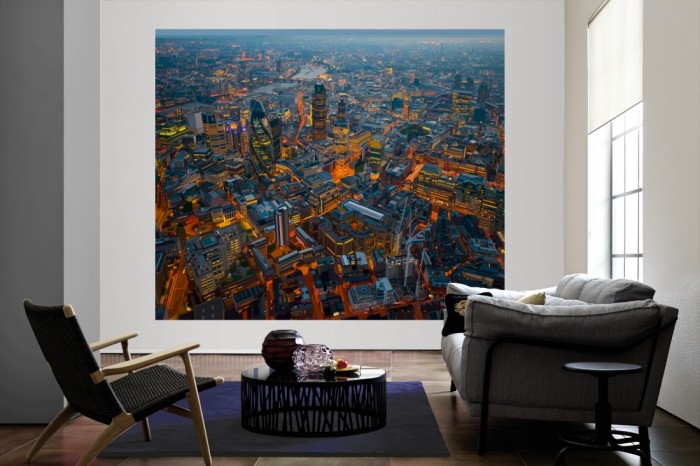 Die Fototapete London von oben, Grafik-Design als große Bildtapete im Wohnzimmer. Als Bildtapete ist die Fototapete London von oben, Grafik-Design ein besonderes Highlight auf Vliestapete.