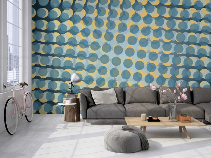 Die Design-Fototapete 3D-Geometrie Punkte in Bewegung auf einer großen Wand im Loft tapeziert. Die Design-Fototapete 3D-Geometrie Punkte in Bewegung wird individuell auf Deine Wand angepasst.