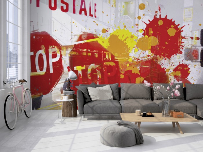 Die Designer-Fototapete Times Square in New York, Artwork by Mylumi auf einer großen Wand im Loft tapeziert. Die Designer-Fototapete Times Square in New York, Artwork by Mylumi wird individuell auf Deine Wand angepasst.