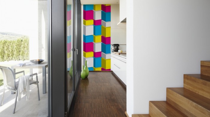 Ein Foto von dem 3D-Design-Fotopanel Dreidimensionale Würfel, Artwork tapeziert in der Küche. Bestelle Deine Bildtapete online.