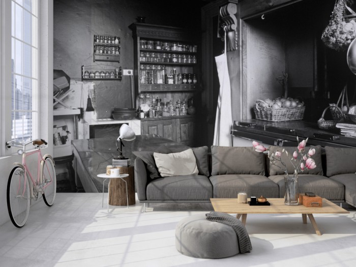 Die Fototapete Alte Küche, schwarz-weiß auf einer großen Wand im Loft tapeziert. Die Fototapete Alte Küche, schwarz-weiß wird individuell auf Deine Wand angepasst.