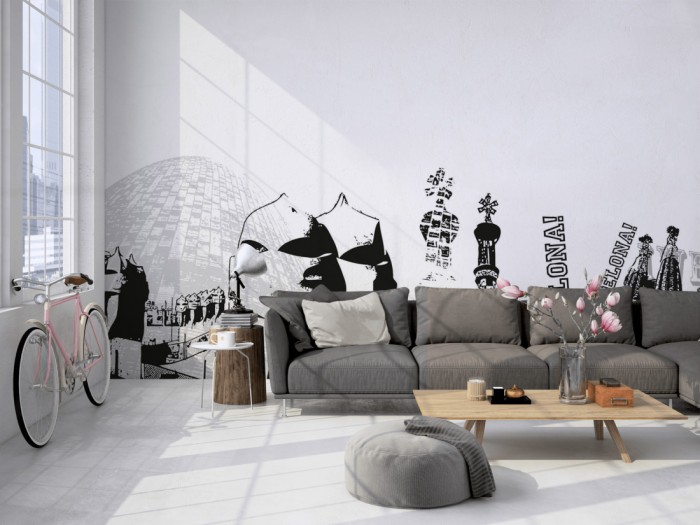 Die Design-Fototapete Barcelona Spanien, Artwork auf einer großen Wand im Loft tapeziert. Die Design-Fototapete Barcelona Spanien, Artwork wird individuell auf Deine Wand angepasst.