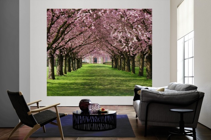 Die Fototapete Kischblüten Baum-Allee als große Bildtapete im Wohnzimmer. Als Bildtapete ist die Fototapete Kischblüten Baum-Allee ein besonderes Highlight auf Vliestapete.