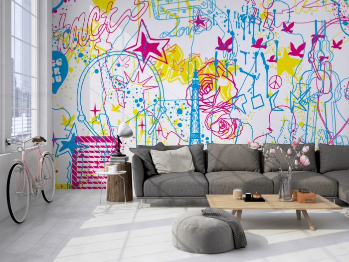 Die Designer-Fototapete Chamäleon-Effekt Musik der Städte auf einer großen Wand im Loft tapeziert. Die Designer-Fototapete Chamäleon-Effekt Musik der Städte wird individuell auf Deine Wand angepasst.