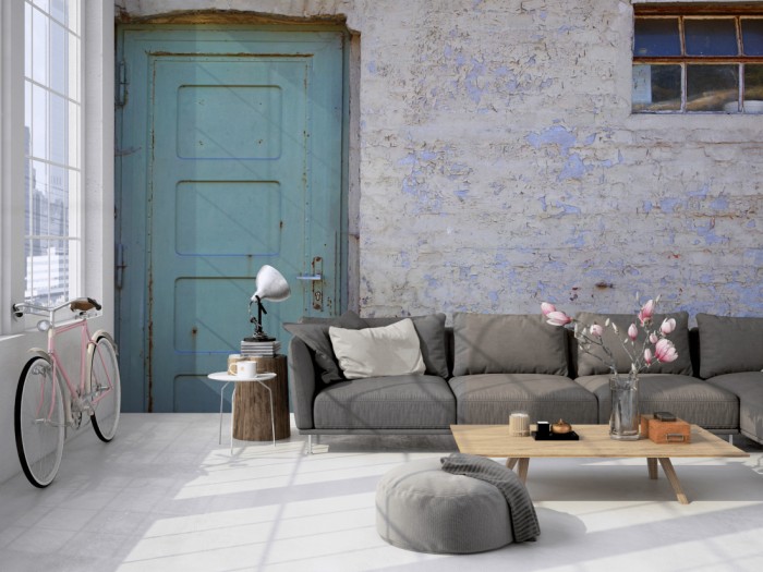 Die Fototapete Vintage Wand, altes Haus aus Ziegel auf einer großen Wand im Loft tapeziert. Die Fototapete Vintage Wand, altes Haus aus Ziegel wird individuell auf Deine Wand angepasst.