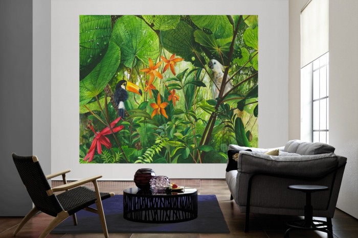 Die Fototapete Dschungel, Kunstwerk Malerei als große Bildtapete im Wohnzimmer. Als Bildtapete ist die Fototapete Dschungel, Kunstwerk Malerei ein besonderes Highlight auf Vliestapete.