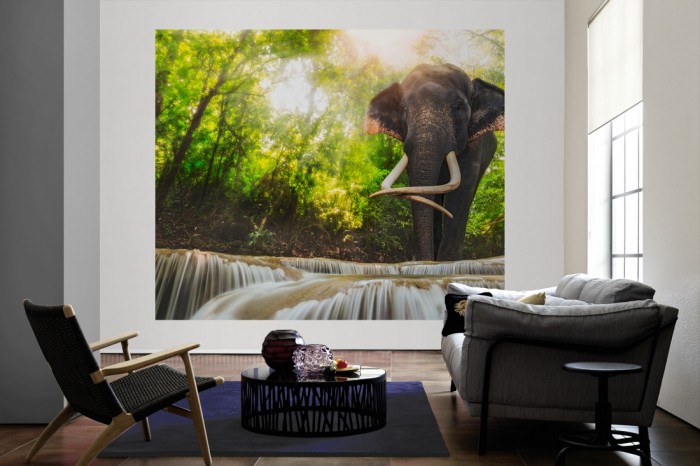 Die Fototapete Elefant im Urwald als große Bildtapete im Wohnzimmer. Als Bildtapete ist die Fototapete Elefant im Urwald ein besonderes Highlight auf Vliestapete.