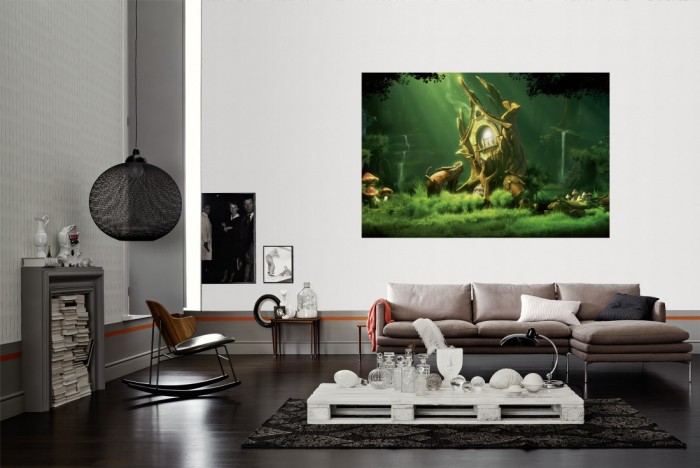 Die Fototapete Märchenwald Lichtung als Wandbild im Wohnzimmer. Die Vlies-Fototapete Märchenwald Lichtung verschönert als Wandbild Deine Wand.