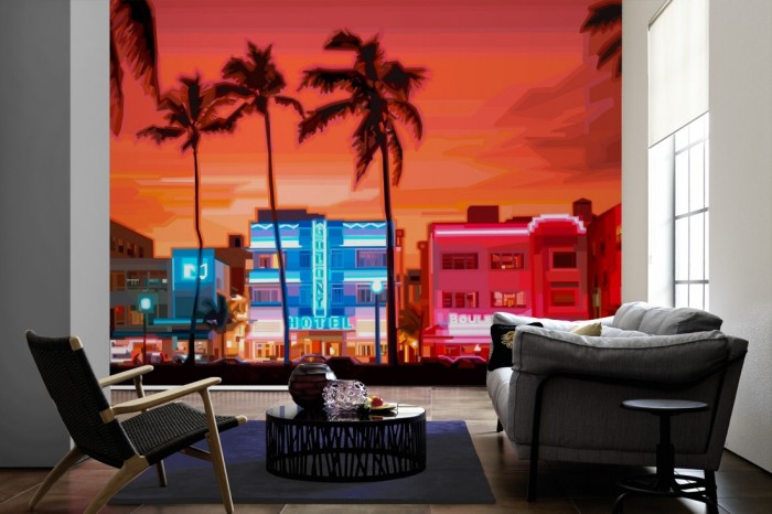 Im Wohnzimmer die Fototapete Miami Beach Ocean Drive, Grafik-Design auf einer großen Wand tapeziert. Die Fototapete Miami Beach Ocean Drive, Grafik-Design ist als Vlies-Fototapete im Wohnzimmer leicht zu tapezieren.