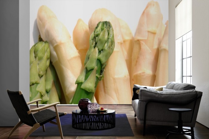 Im Wohnzimmer die Fototapete Spargel auf einer großen Wand tapeziert. Die Fototapete Spargel ist als Vlies-Fototapete im Wohnzimmer leicht zu tapezieren.