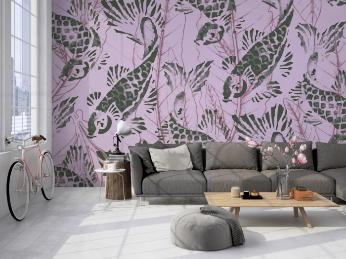Die Designer-Fototapete Koi Fische und Blätter, Artwork by Mylumi auf einer großen Wand im Loft tapeziert. Die Designer-Fototapete Koi Fische und Blätter, Artwork by Mylumi wird individuell auf Deine Wand angepasst.