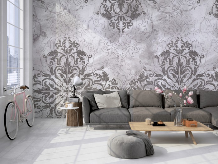 Die Designtapete Barock Ornament, Vintage Grau auf einer großen Wand im Loft tapeziert. Die Designtapete Barock Ornament, Vintage Grau wird individuell auf Deine Wand angepasst.