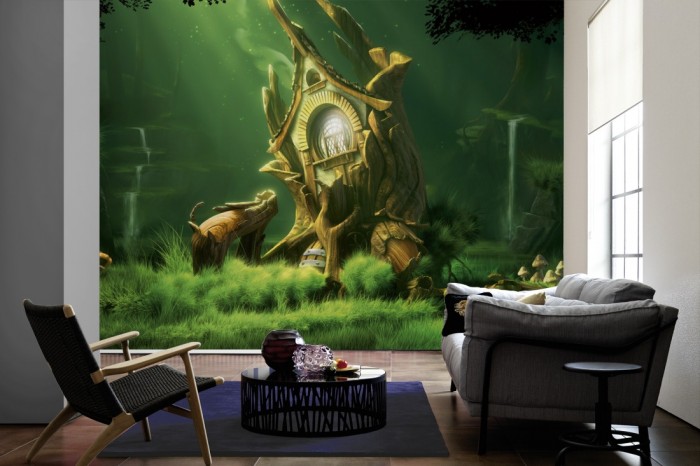 Im Wohnzimmer die Fototapete Märchenwald Lichtung auf einer großen Wand tapeziert. Die Fototapete Märchenwald Lichtung ist als Vlies-Fototapete im Wohnzimmer leicht zu tapezieren.