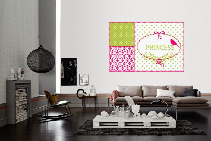Die Fototapete Princess, Patchwork-Design als Wandbild im Wohnzimmer. Die Vlies-Fototapete Princess, Patchwork-Design verschönert als Wandbild Deine Wand.