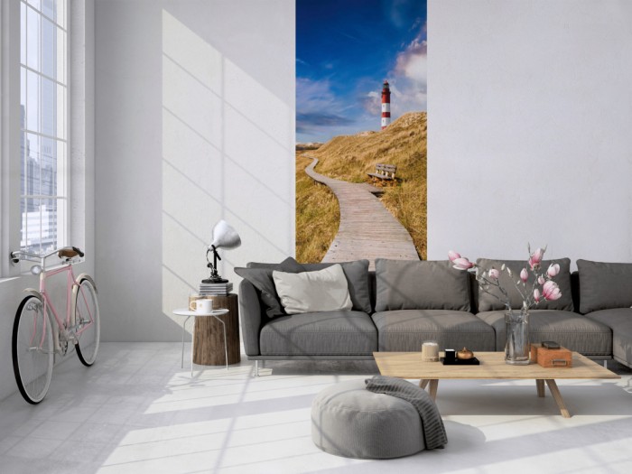 Das 3D-Fotopanel Dünenweg zum Leuchtturm, Sylt tapeziert in einem Loft. Bestelle die Bildtapete für Deine Wand online.