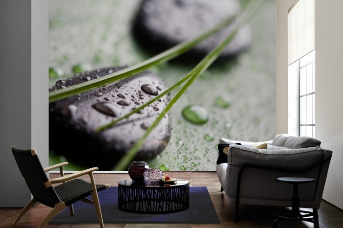 Im Wohnzimmer die Fototapete Wellness, Wellness-Steine auf Blatt auf einer großen Wand tapeziert. Die Fototapete Wellness, Wellness-Steine auf Blatt ist als Vlies-Fototapete im Wohnzimmer leicht zu tapezieren.