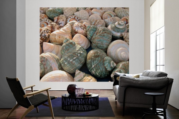 Die Fototapete Schneckenhäuser im Sonnenschein als große Bildtapete im Wohnzimmer. Als Bildtapete ist die Fototapete Schneckenhäuser im Sonnenschein ein besonderes Highlight auf Vliestapete.