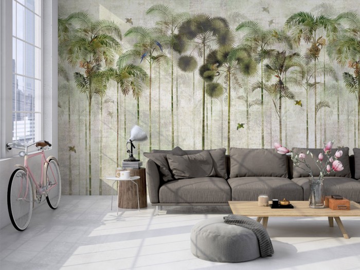 Die grüne Dschungeltapete Animal Palms Wallpaper als Wohnzimmertapete.