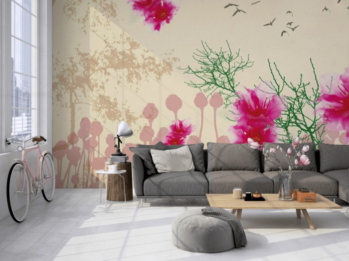 Die Designer-Fototapete Natur Inspiration, Artwork by Mylumi auf einer großen Wand im Loft tapeziert. Die Designer-Fototapete Natur Inspiration, Artwork by Mylumi wird individuell auf Deine Wand angepasst.