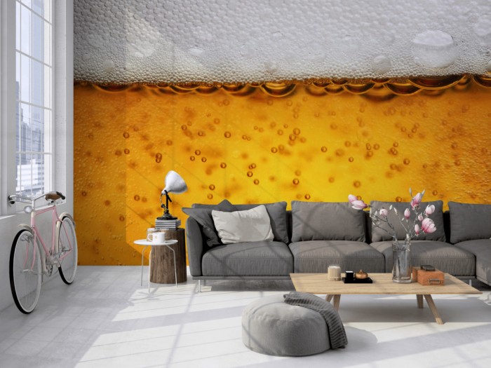 Die Fototapete Bier auf einer großen Wand im Loft tapeziert. Die Fototapete Bier wird individuell auf Deine Wand angepasst.