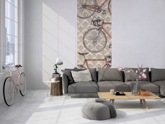 Das Design-Fotopanel Retro Fahrräder, Zeichnung tapeziert in einem Loft. Bestelle die Bildtapete für Deine Wand online.