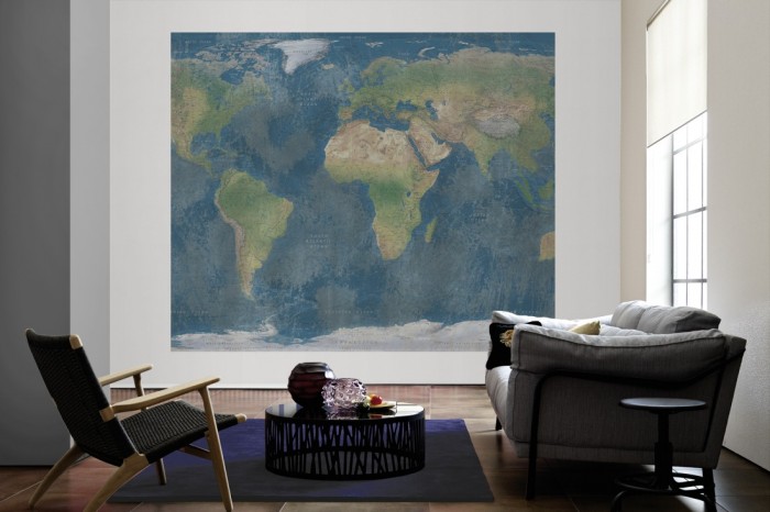 Die Fototapete Weltkarte, physische Landkarte Vintage als große Bildtapete im Wohnzimmer. Als Bildtapete ist die Fototapete Weltkarte, physische Landkarte Vintage ein besonderes Highlight auf Vliestapete.