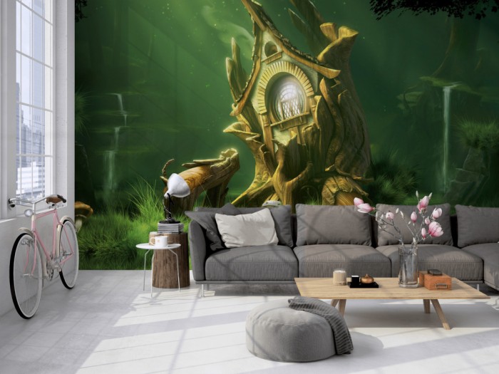 Die Fototapete Märchenwald Lichtung auf einer großen Wand im Loft tapeziert. Die Fototapete Märchenwald Lichtung wird individuell auf Deine Wand angepasst.